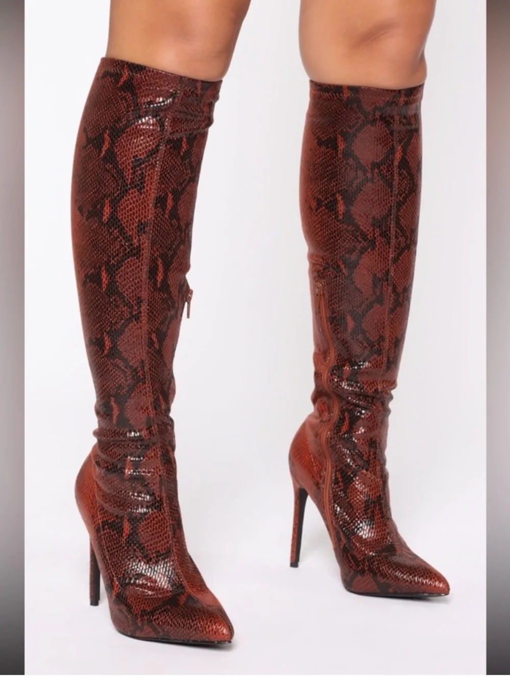 NWOT Fashion Nova Knee-High Snake-Print Boots in Brown